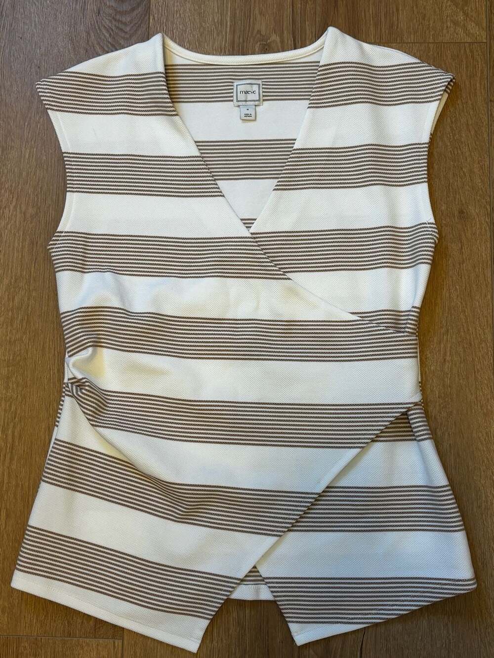 Maeve Striped V-Neck Wrap Top Size M Tan White Sleeveless Asymmetric